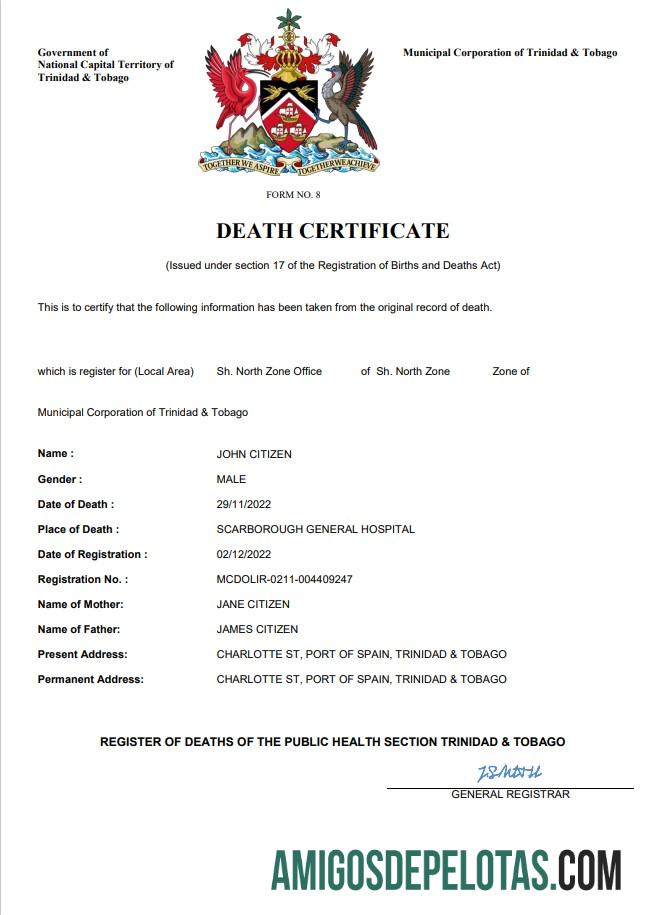 Para baixar modelo Word e PDF de certidão de óbito de Trinidad e Tobago